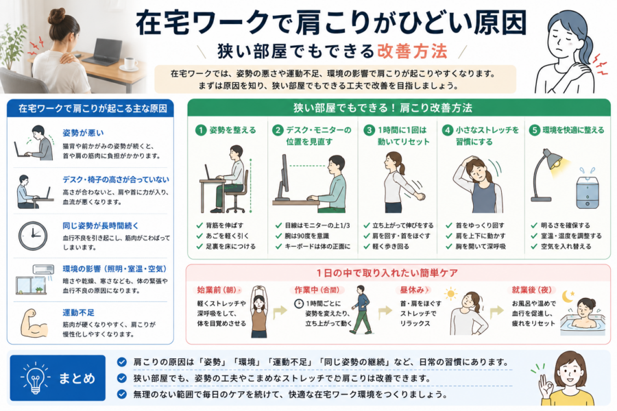 在宅ワークで肩こりがひどい原因｜狭い部屋でもできる改善方法